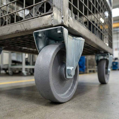 Slate Gray Pressed Steel Fixed Castors With Grey Cast Iron Wheel - 80mm & 100mm