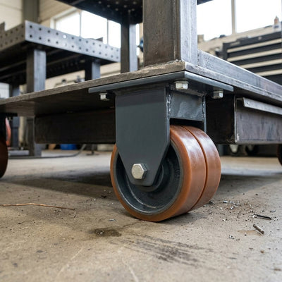 150mm Twin Wheel Fixed Gantry Castor Orange Polyurethane on Cast Iron Wheel Top Plate 1000kg Load Capacity