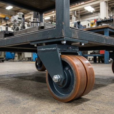 150mm Twin Wheel Swivel Gantry Castor Orange Polyurethane on Cast Iron Wheel Ball Bearing 200 x 160mm Top Plate 1400kg Load Capacity