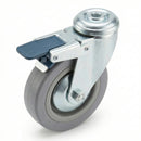 Premium 100mm Braked Swivel Bolt Hole Castor | Grey Rubber Wheel with Metal Treadguards | 70kg Capacity