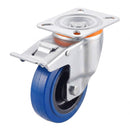 White Smoke Pressed Steel Braked Swivel Castors With Blue Rubber on Black Polypropylene Wheel - 100mm & 125mm