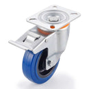 White Smoke Pressed Steel Braked Swivel Castors With Blue Rubber on Black Polypropylene Wheel - 100mm & 125mm