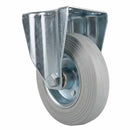 White Smoke Pressed Steel Fixed Castors with Grey Rubber on Pressed Steel Wheel - 80mm to 200mm