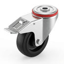 100mm Braked Swivel Bolt Hole Castor | Black Elastic Nylon Centre | Roller Bearing