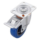 White Smoke Pressed Steel Braked Swivel Castors With Blue Rubber on Black Polypropylene Wheel - 100mm & 125mm