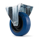 White Smoke Pressed Steel Fixed Castors With Blue Rubber on Black Polypropylene Wheel - 100mm & 125mm