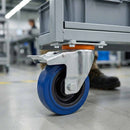 Gray Pressed Steel Braked Swivel Castors With Blue Rubber on Black Polypropylene Wheel - 100mm & 125mm