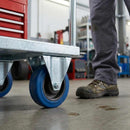 Slate Gray Pressed Steel Fixed Castors With Blue Rubber on Black Polypropylene Wheel - 100mm & 125mm