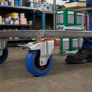 Dim Gray Pressed Steel Braked Swivel Castors With Blue Rubber on Black Polypropylene Wheel - 100mm & 125mm