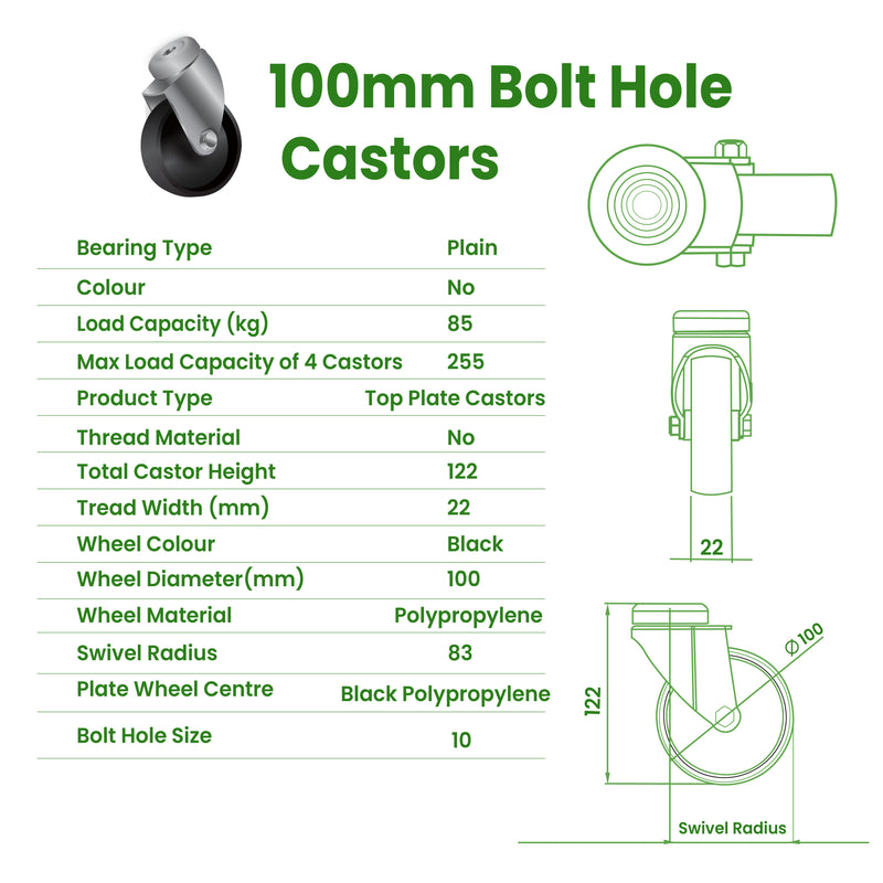 100mm Bolt Hole Castors with Black Polypropylene Wheel, 85kg Load Capacity, Light Duty Pressed Steel, Swivel, Plain Bearing, 10mm Bolt Hole, 4-Pack