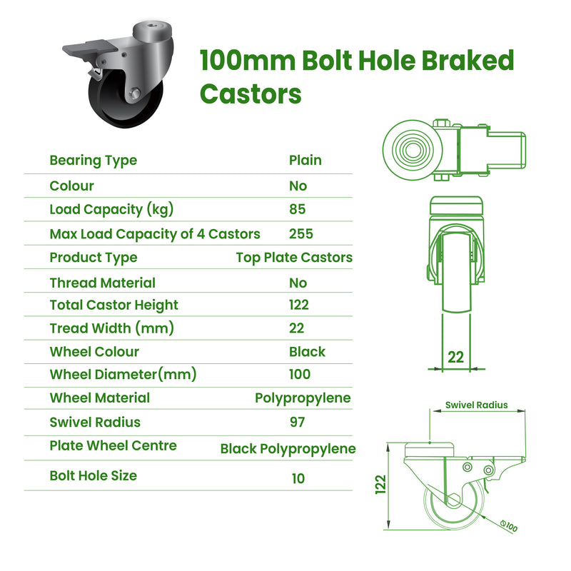 100mm M10 Bolt Hole Swivel Castor with Brake, Black Polypropylene Wheel, 85kg Load Capacity, Plain Bearing, Foot Operated Brake, Heavy Duty Castor.