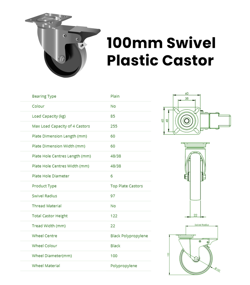 100mm Swivel Plastic Castor with Brake, Black Polypropylene Wheel, 85kg Load Capacity, Top Plate, Ideal for Equipment, Displays, & Carpets