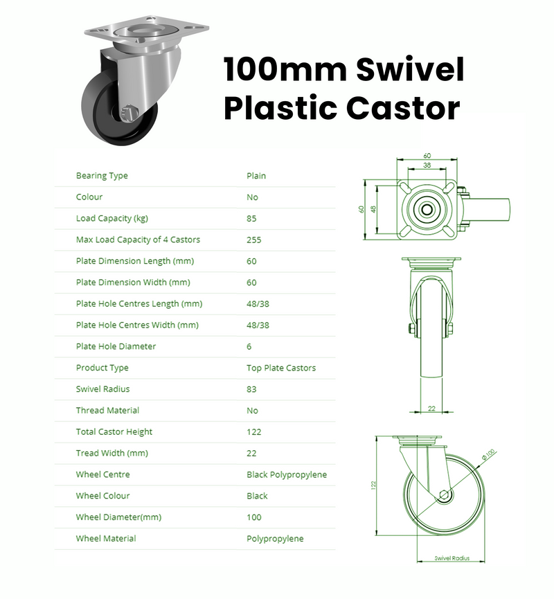 100mm Swivel Plastic Castor Black, 85kg Capacity, Black Polypropylene Wheel, Top Plate, Display Stands, Plain Bearing, 122mm Height, 22mm Tread