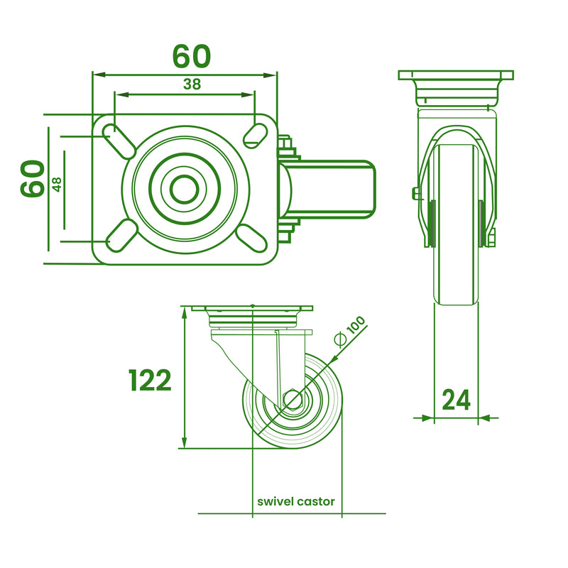 100mm Light Duty Swivel Castors, Grey Rubber Wheels, 80kg Load Capacity, Top Plate Fitting, Plain Bearing, Ideal for Furniture & Equipment