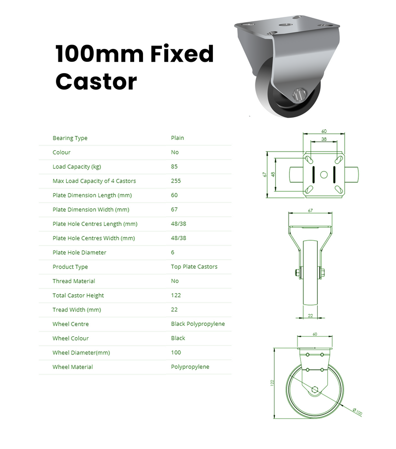 100mm Fixed Castor with Plastic Wheel, Top Plate, 85kg Load Capacity, Polypropylene, Black, Ideal for Furniture, Equipment and Display