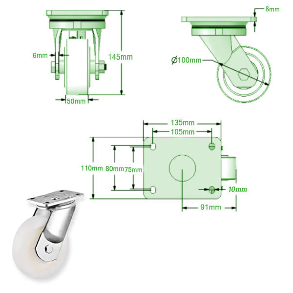 Light Gray 100mm ULTRA Heavy Duty Swivel & Fixed Castor with Cast Nylon Ball Bearing Wheel