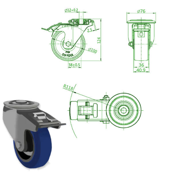 Light Gray 100mm Medium Duty Bolt Hole Swivel & Braked Casters Blue Elastic Non Marking Rubber Wheel 150kg Load Capacity