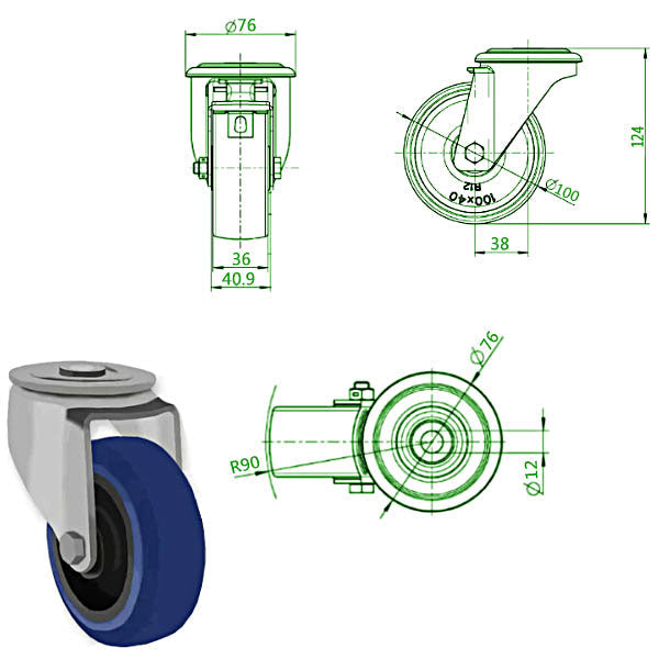 Dark Slate Gray 100mm Medium Duty Bolt Hole Swivel & Braked Casters Blue Elastic Non Marking Rubber Wheel 150kg Load Capacity