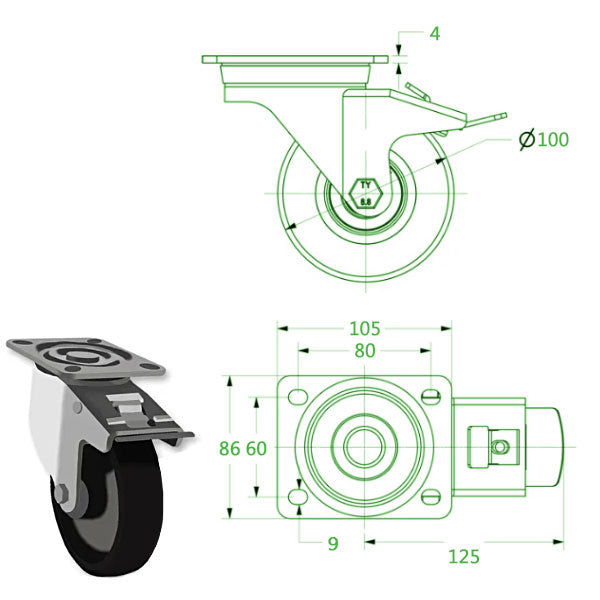 Dark Slate Gray 100mm Heavy Duty Swivel, Fixed & Braked Castors With Cast Iron & Ball Bearing Wheel