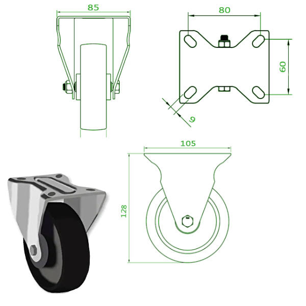 Black 100mm Heavy Duty Swivel, Fixed & Braked Castors With Cast Iron & Ball Bearing Wheel