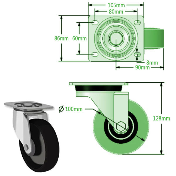 Light Gray 100mm Heavy Duty Swivel, Fixed & Braked Castors With Cast Iron & Ball Bearing Wheel