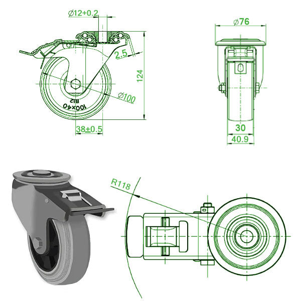 Light Gray 100mm Medium Duty Swivel & Braked Castor with Grey Rubber Wheel and Single Bolt Hole Fixing 70Kg Load Capacity