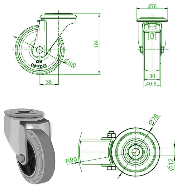 Light Gray 100mm Medium Duty Swivel & Braked Castor with Grey Rubber Wheel and Single Bolt Hole Fixing 70Kg Load Capacity