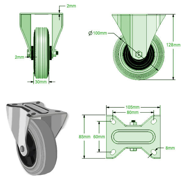 Light Gray 100mm Medium Duty Swivel, Fixed & Braked Casters Grey Rubber Wheel 75kg Load Capacity