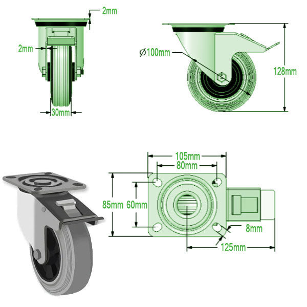 Light Gray 100mm Medium Duty Swivel, Fixed & Braked Casters Grey Rubber Wheel 75kg Load Capacity