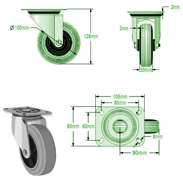 Light Gray 100mm Medium Duty Swivel, Fixed & Braked Casters Grey Rubber Wheel 75kg Load Capacity