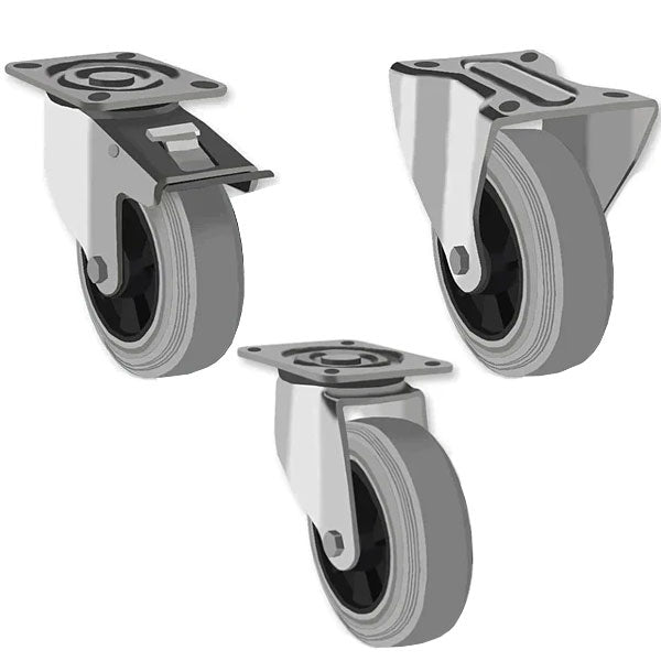 Light Slate Gray 100mm Medium Duty Swivel, Fixed & Braked Casters Grey Rubber Wheel 75kg Load Capacity