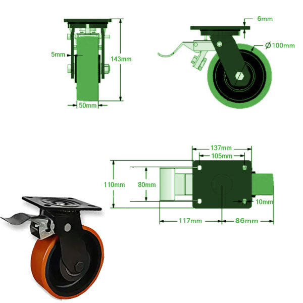 Light Gray 100mm Extra Heavy Duty Swivel, Fixed & Total Stop Braked Castor with Polyurethane Tyre/Cast Iron Wheel 450Kg Load Capacity