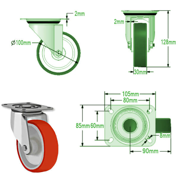 Light Gray 100mm Medium Duty Swivel, Fixed & Braked Castors with Red Polyurethane Wheel 150kg Load Capacity