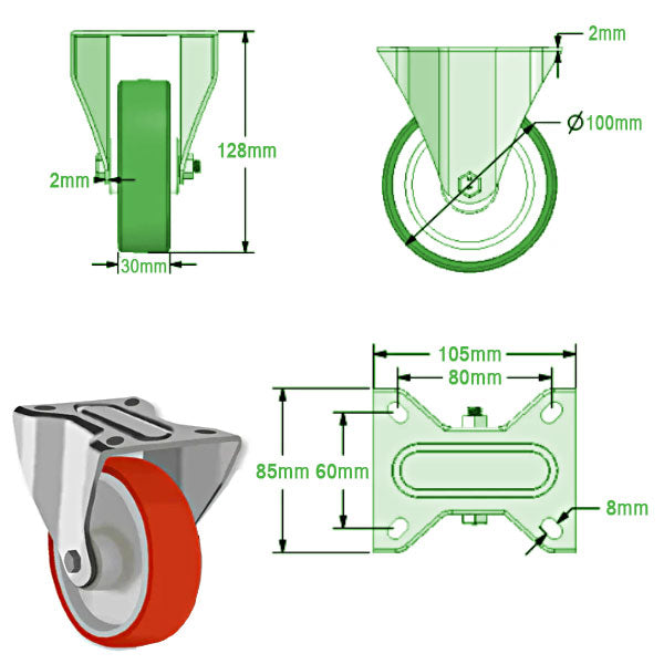 Light Gray 100mm Medium Duty Swivel, Fixed & Braked Castors with Red Polyurethane Wheel 150kg Load Capacity