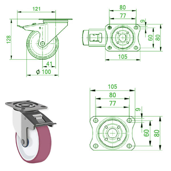 Beige 100mm Stainless Steel Swivel, Fixed &  Braked Castor with Polyurethane Wheel 150kg Load Capacity