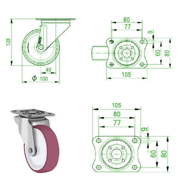 Beige 100mm Stainless Steel Swivel, Fixed &  Braked Castor with Polyurethane Wheel 150kg Load Capacity