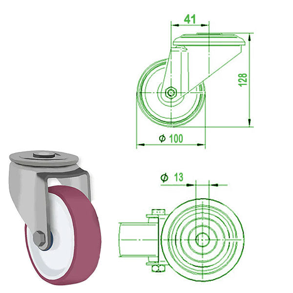 Light Gray 100mm Stainless Steel Swivel Braked  Bolt Hole Castor with Polyurethane Wheel 150kg Load Capacity