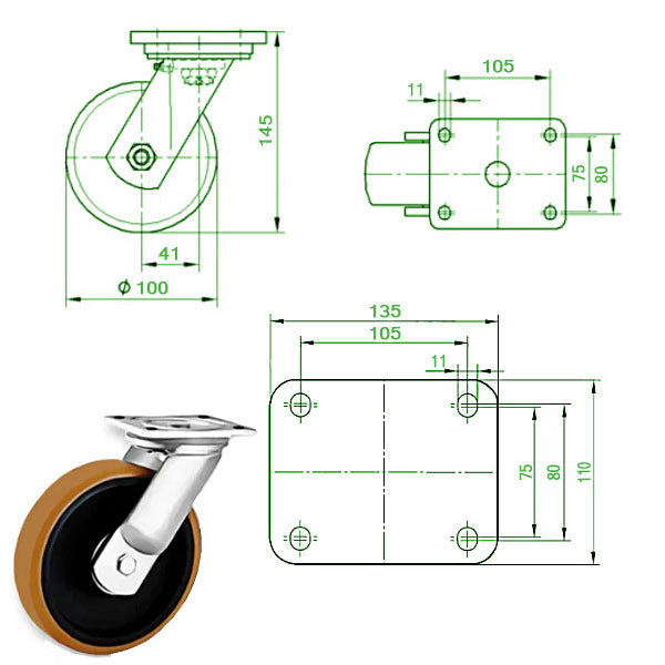 Black 100mm Extra Heavy Duty Swivel & Fixed Castor Polyurethane / Cast Iron Wheel 450Kg Load Capacity