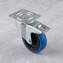 100mm braked swivel top plate castor blue non-marking rubber wheel 160kg on grey marble