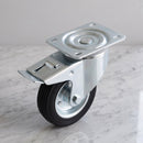 100mm Braked Swivel Castor Black Rubber on Pressed Steel Wheel Roller Bearing Top Plate 70kg Load Capacity 2