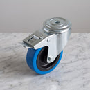 100mm braked bolt hole castor with blue non-marking rubber on polypropylene wheel and foot brake