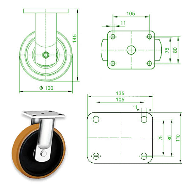 Black 100mm Extra Heavy Duty Swivel & Fixed Castor Polyurethane / Cast Iron Wheel 450Kg Load Capacity