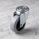 100mm swivel castor with grey rubber on polypropylene wheel, top view of the 12mm bolt hole