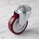 100mm swivel castor with red polyurethane wheel, top view of the 12mm bolt hole