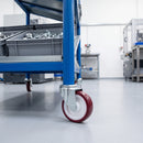 100mm red polyurethane bolt hole castor on a blue steel production line trolley