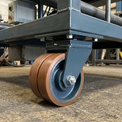 100mm Twin Wheel Swivel Gantry Castor Orange Polyurethane on Cast Iron Wheel Ball Bearing 135 x 110mm Top Plate 900kg Load Capacity