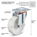 White Smoke 100mm Pressed Steel Swivel Castor Wheel with 4 Hole Top Plate & White Nylon Wheel - 140kg Load Capacity