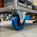 Gray Pressed Steel Fixed Castors With Blue Rubber on Black Polypropylene Wheel - 100mm & 125mm