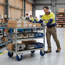 Gray Pressed Steel Braked Swivel Castors With Blue Rubber on Black Polypropylene Wheel - 100mm & 125mm