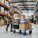 Gray Pressed Steel Fixed Castors With Blue Rubber on Black Polypropylene Wheel - 100mm & 125mm